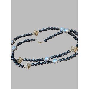 Vintage Napier Pearl Necklace Black Glass Baroque Faux Pearls Gold Filigree